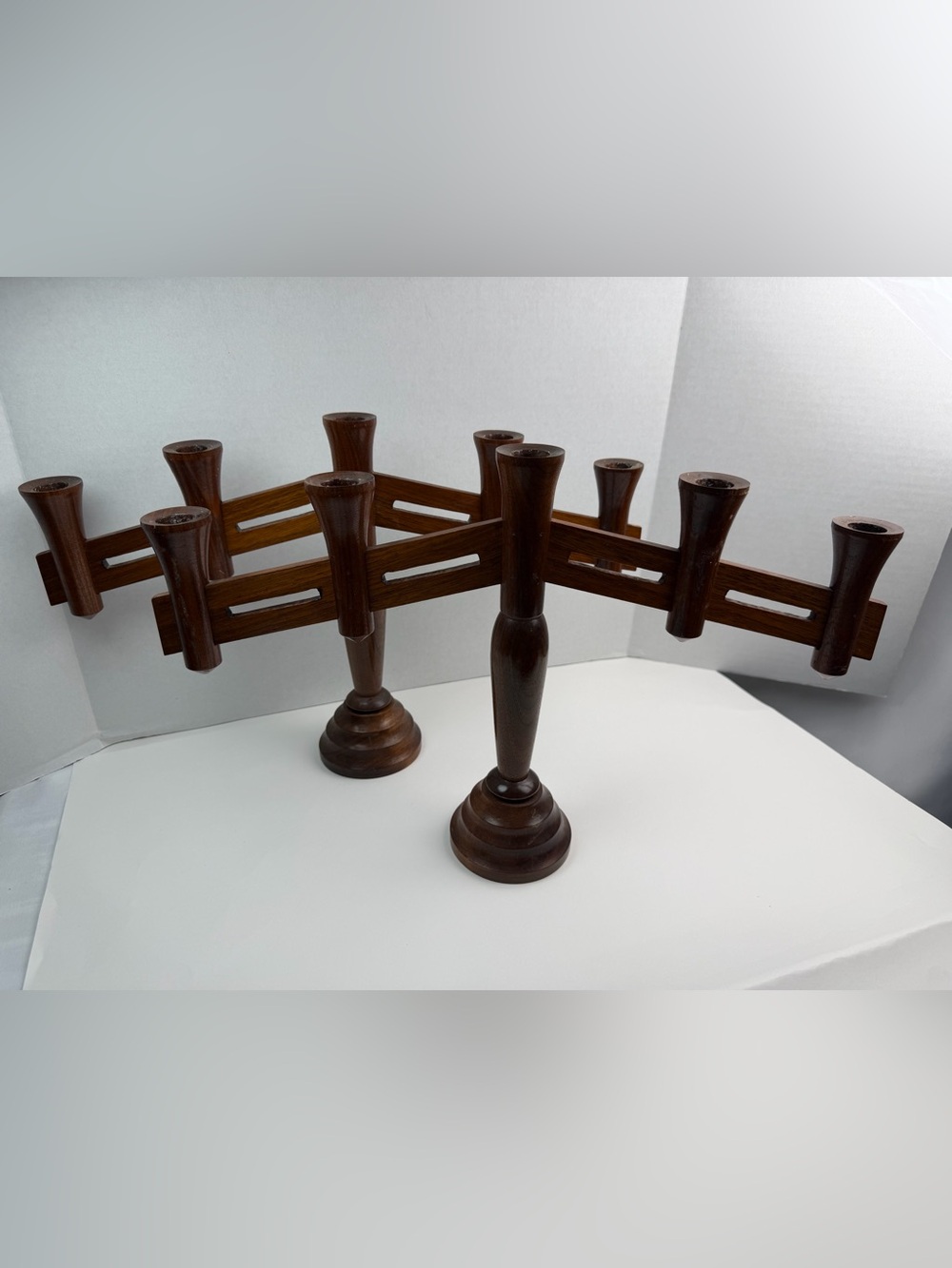 Vtg Mid-Century Modern Wood 5 Candles Candleabra Pair Large Unique